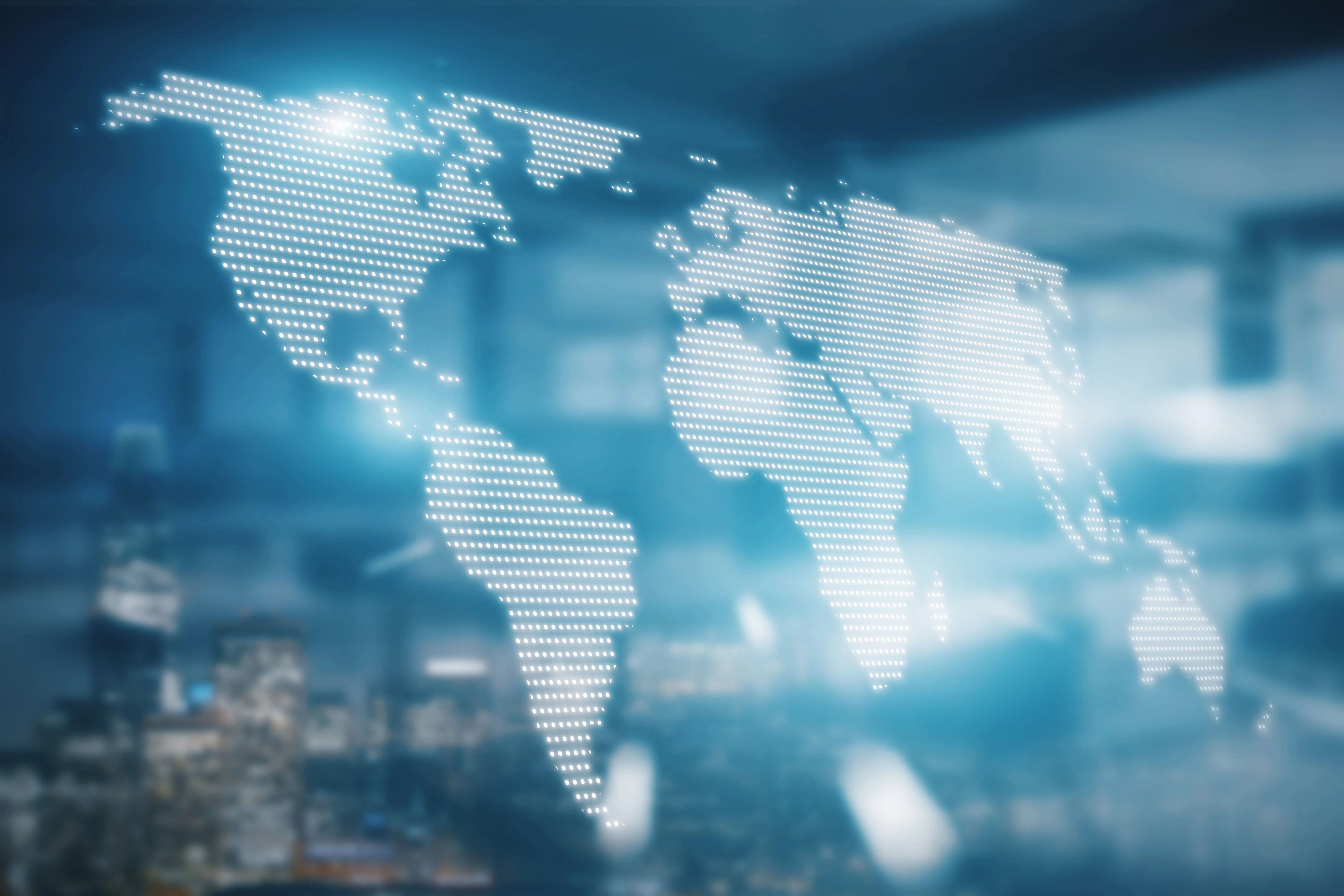 Glowing Digital Map Hologram Blurry Blue City Wallpaper Worldwide Technology Network Concept Double Exposure 1